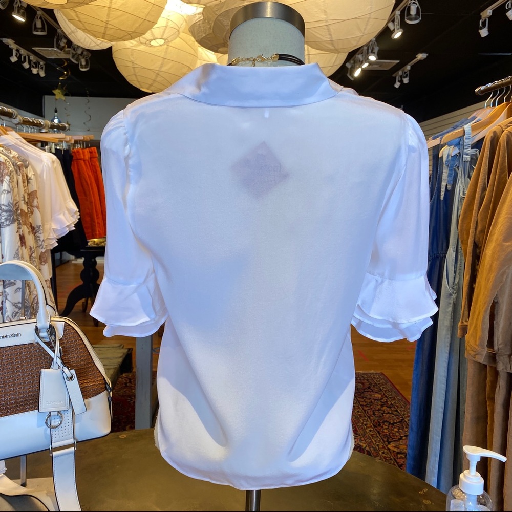 Frame Ruffle Sleeve Silk Blouse In Blanc - Picture 7 of 7